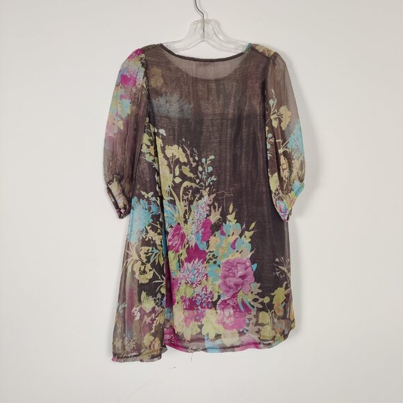 HuaSiJie Women's Blouse Sz L Brown Floral Sheer Lined Cotton Blend Spring Summer - Picture 4 of 9